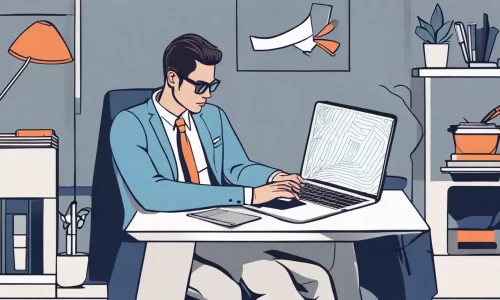 Homem de negócios em terno cinza e mulher em escritório moderno discutem gráficos de vendas no laptop e tablet, com ícones de mídias sociais ao redor.